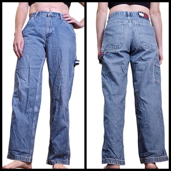 90s Tommy Hilfiger Womens Carpenter Jeans Baggy Sz 5 Inseam 30" Retro - Picture 1 of 11